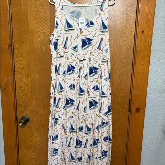 Nautical Print Sail Boats and Lighthouse Print on Sleeveless Maxi Dress - Picture 2 of 9